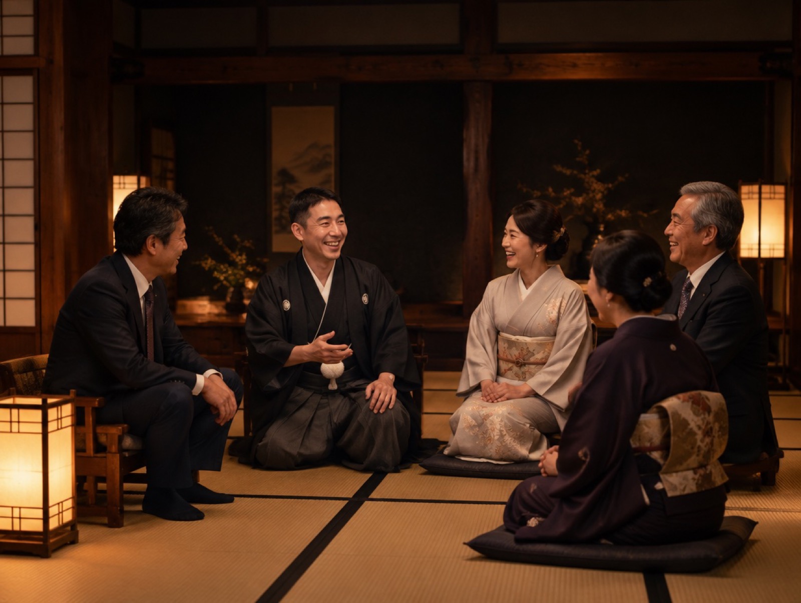 和室でお客様たちと談笑する百武功記