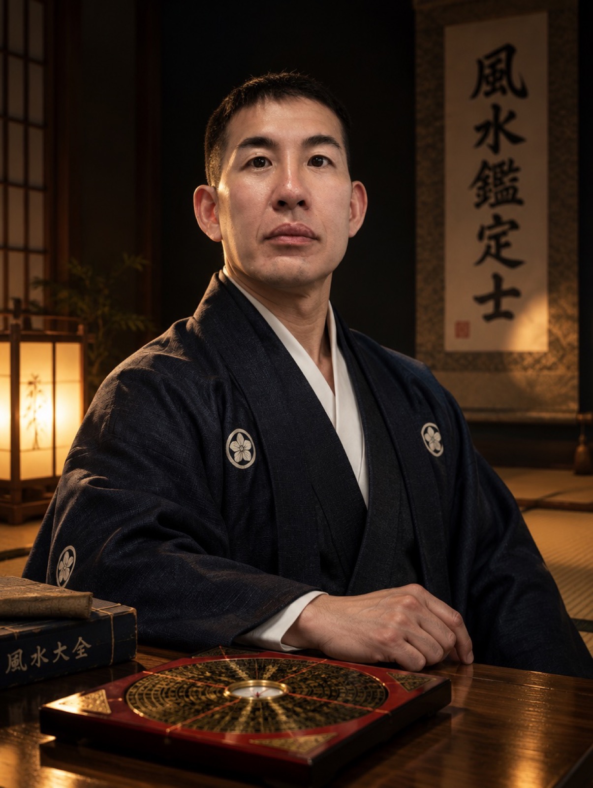 伝統的な和室で風水盤を前に座る百武功記