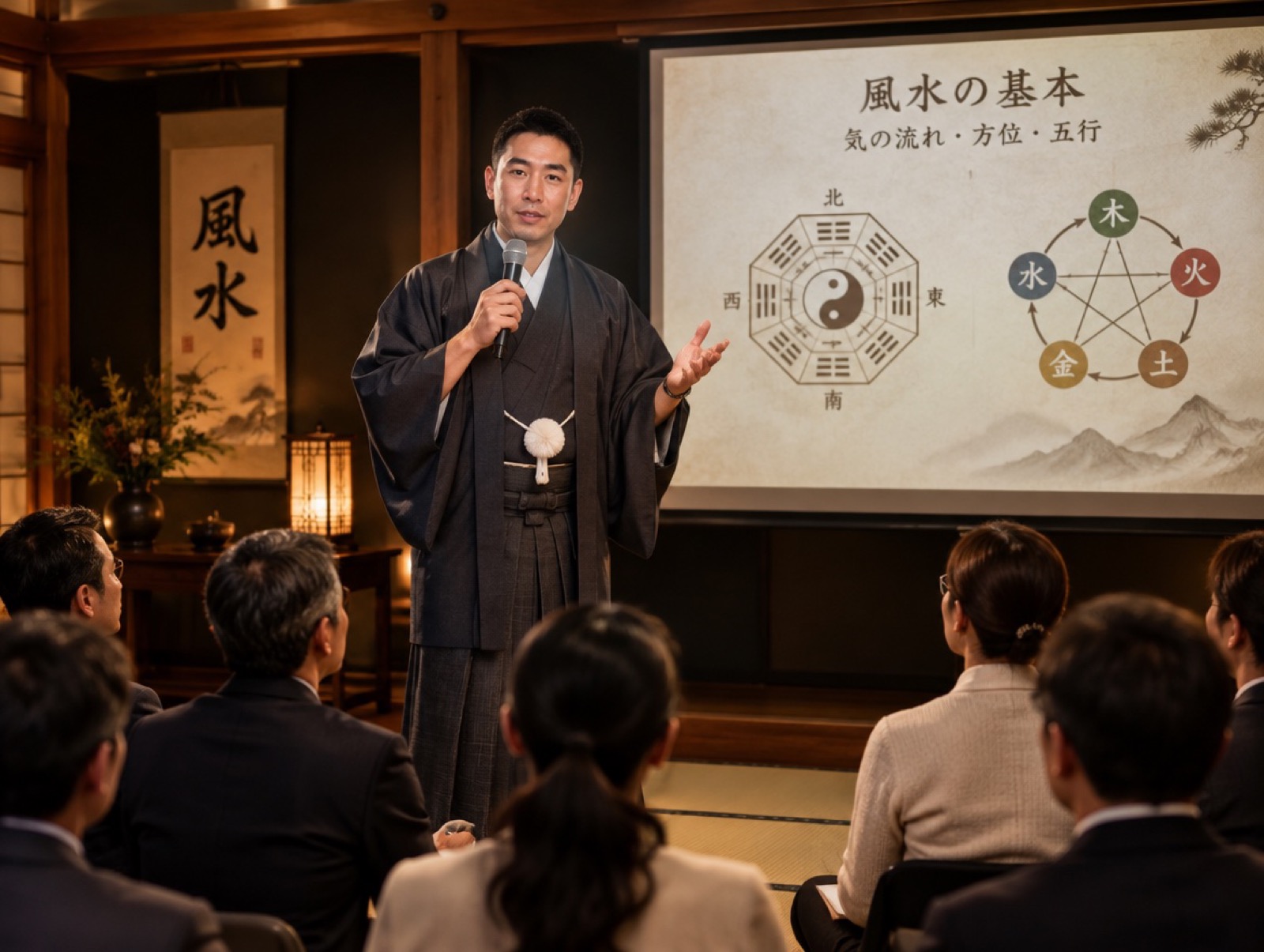 小規模な会で風水の講演をする百武功記