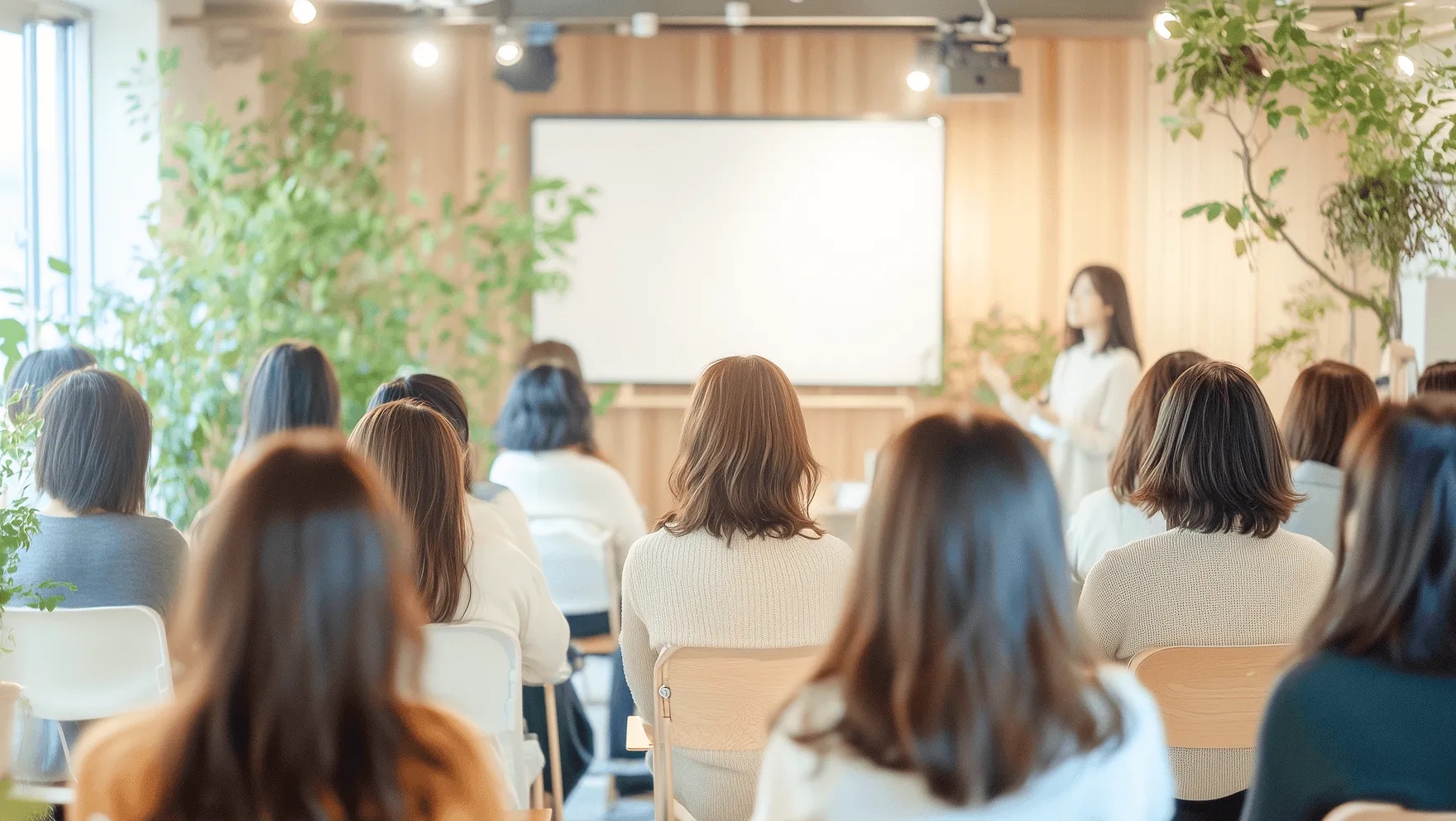 女性が大勢集まってセミナーを受けている様子