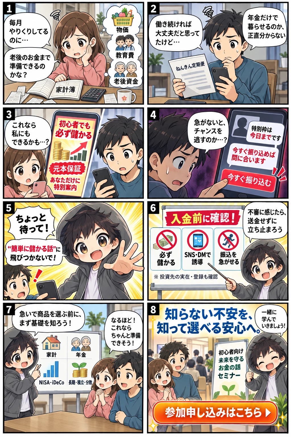 老後のお金や年金への不安から、うまい投資話に飛びつきそうになるところを止められ、まずは家計・年金・NISA・iDeCoの基礎を学び、セミナーに参加するまでを描いたマンガ